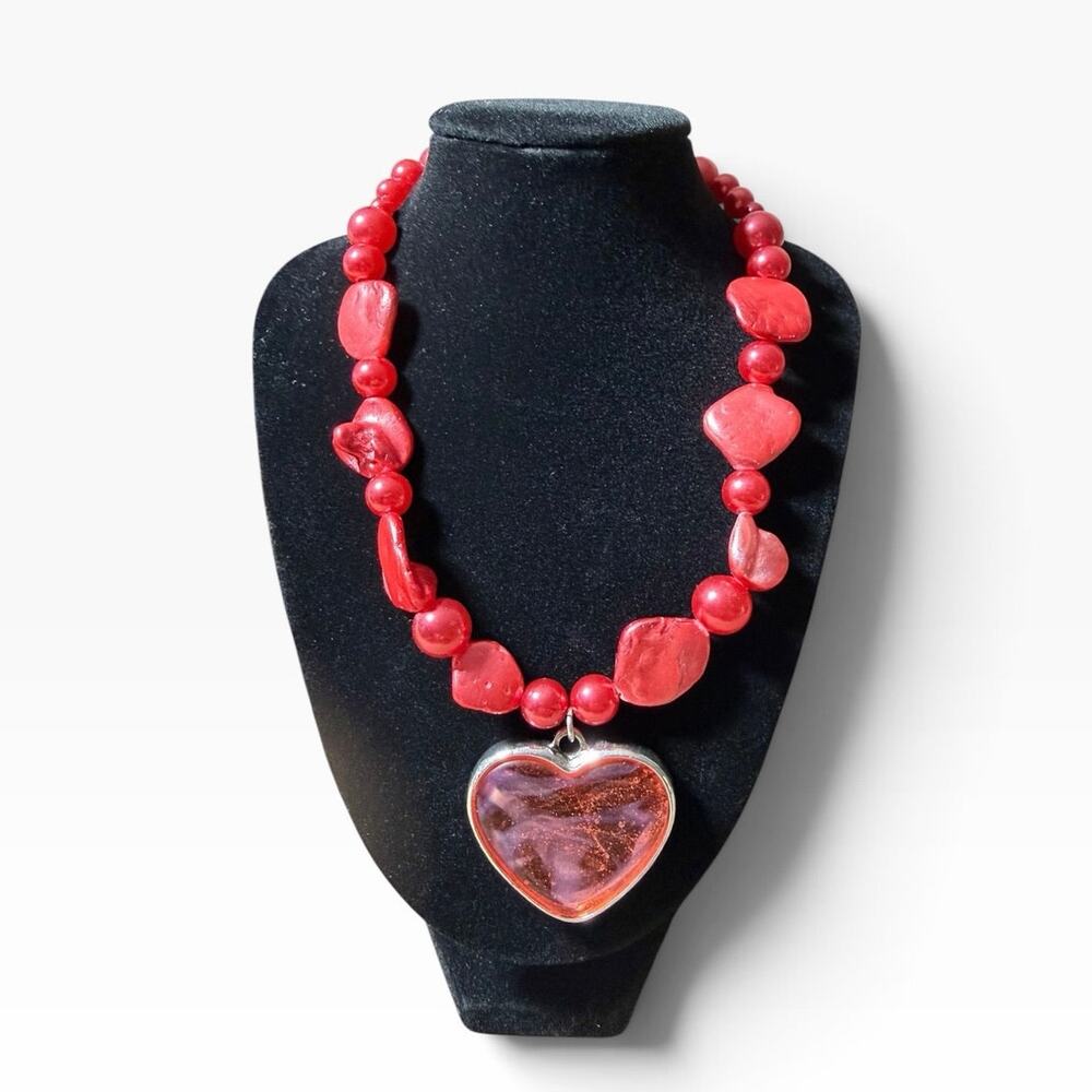 Chunky Red Bohemian Heart Statement Necklace NEW
